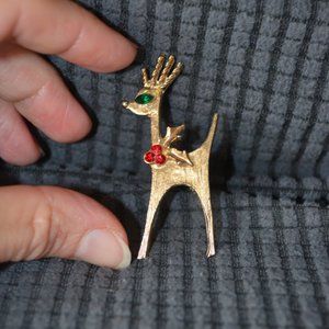 Vintage Unknown Brooch Pin Christmas Deer Rhinestones Golden-Green-Red (2 1/4')
